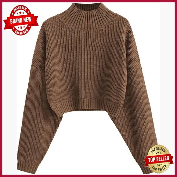 Sweaters - Cropped Turtleneck Sweater Lantern Sleeve Ribbed Knit Pullover